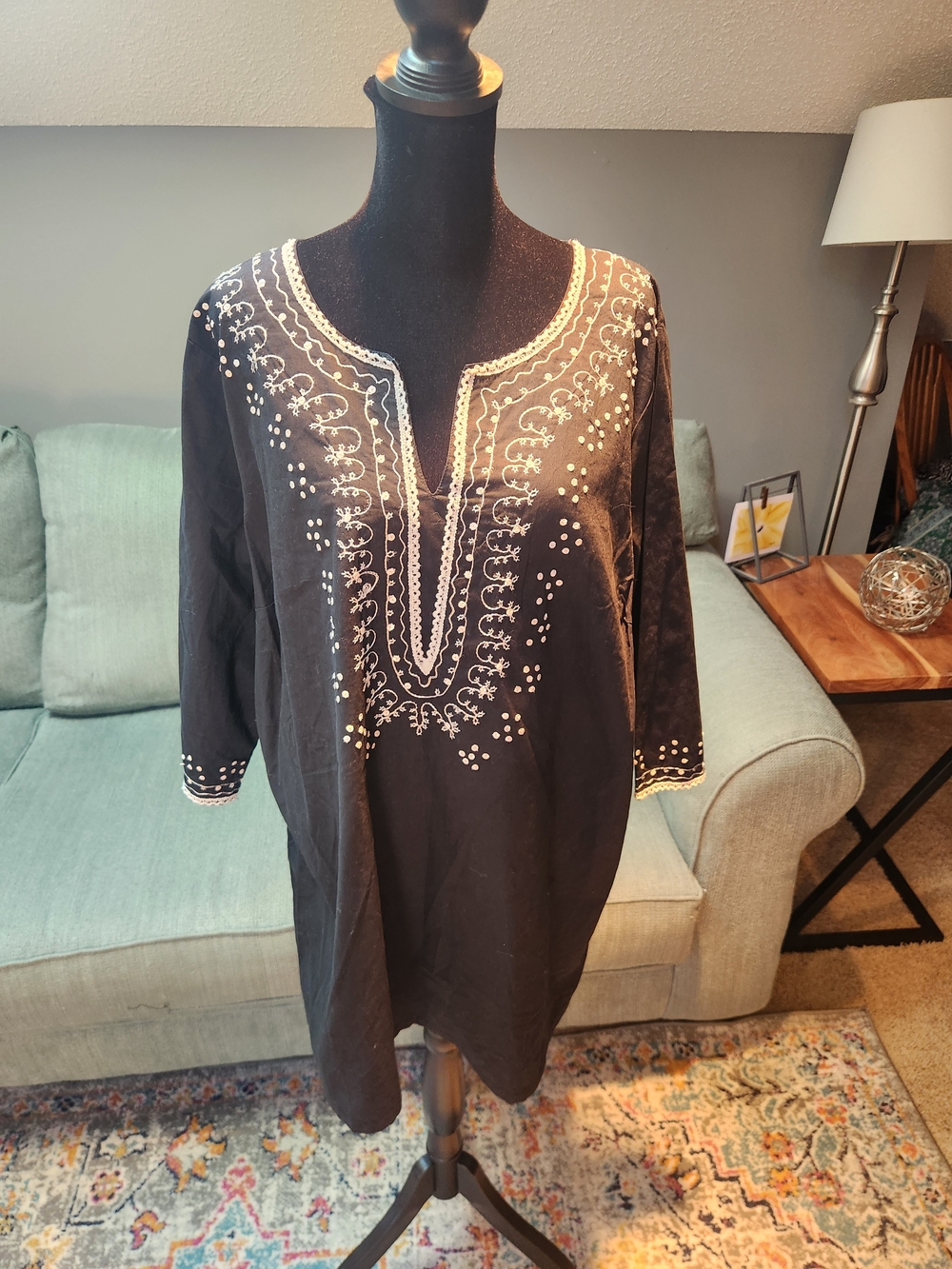 Woman Within Embroidered Black Women's Tunic Top White Detailing Large New!